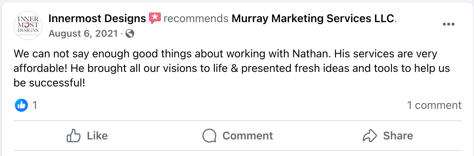 A facebook post that says `` we can not say enough good things about working with nathan . ''