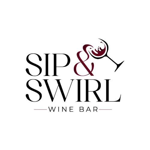 Sip & Swirl Wine Bar logo in black and burgundy with a wine glass swirl design