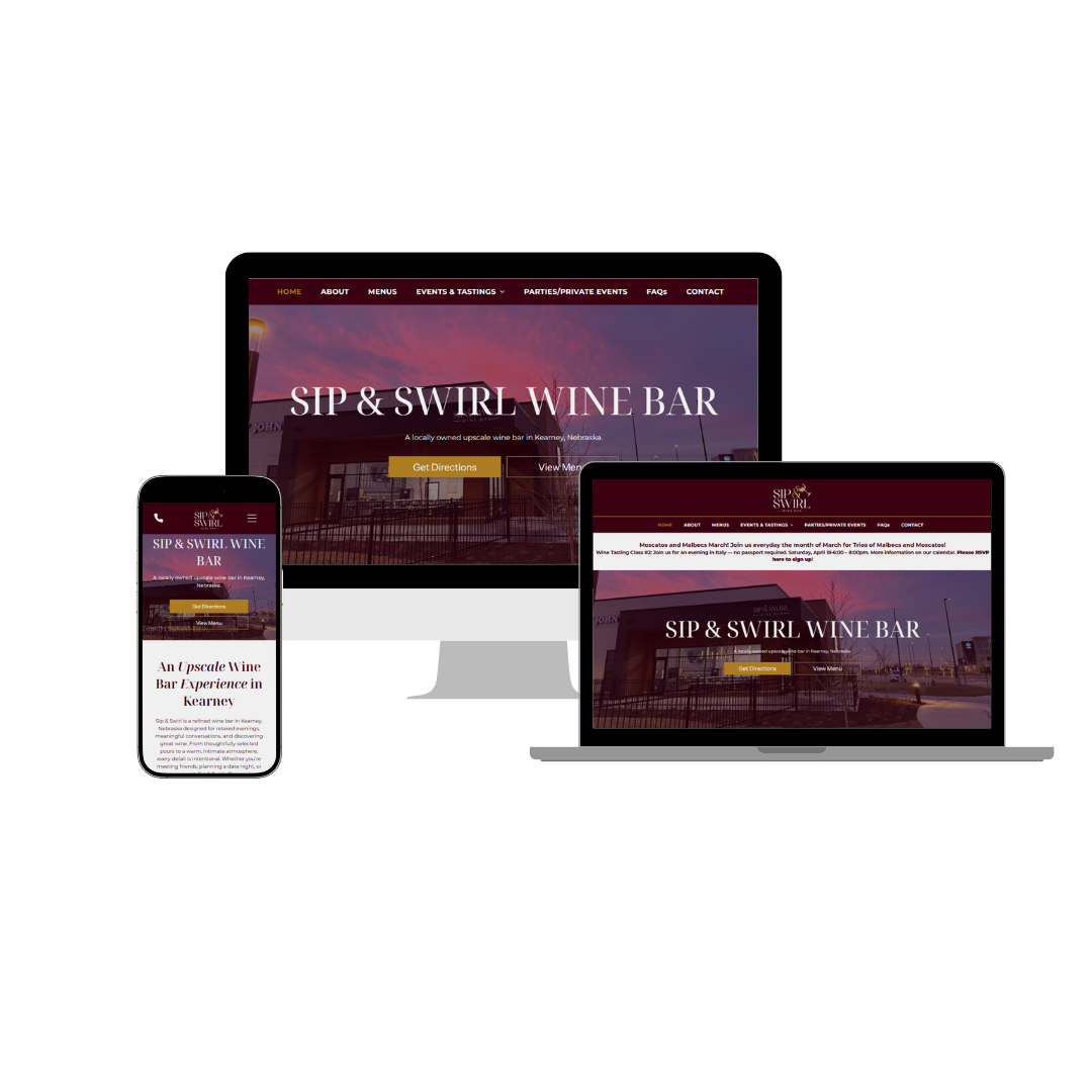 Website of Sip & Swirl Wine Bar in Kearney, Nebraska, displayed on a phone, laptop, and desktop computer.