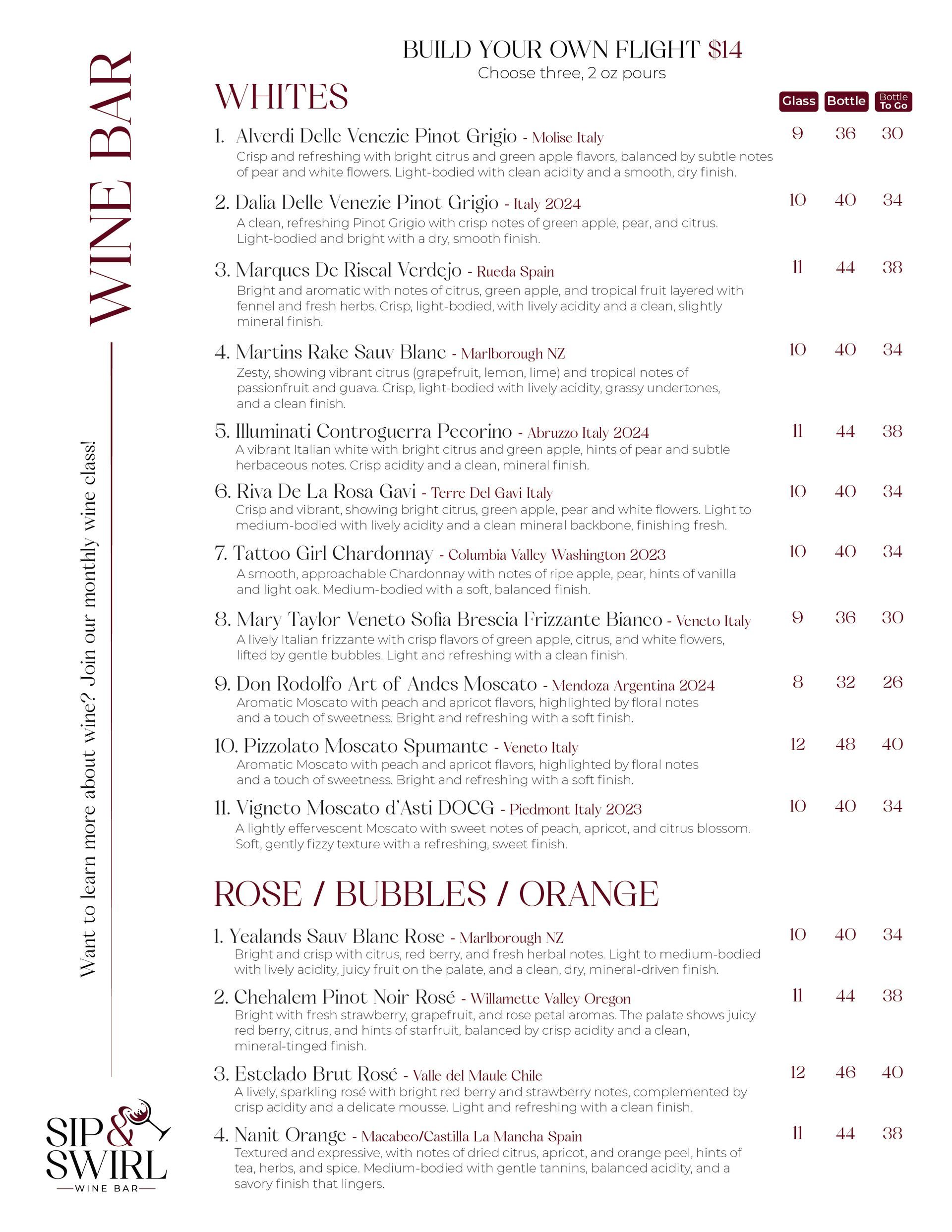 Sip & Swirl Menu
