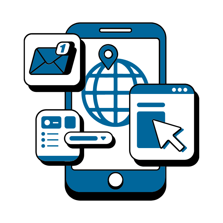 An illustration of a cell phone with various icons on it.