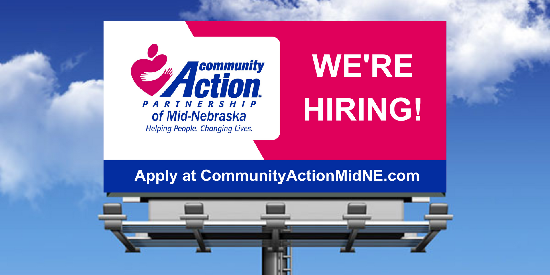 A billboard that says we 're hiring on it