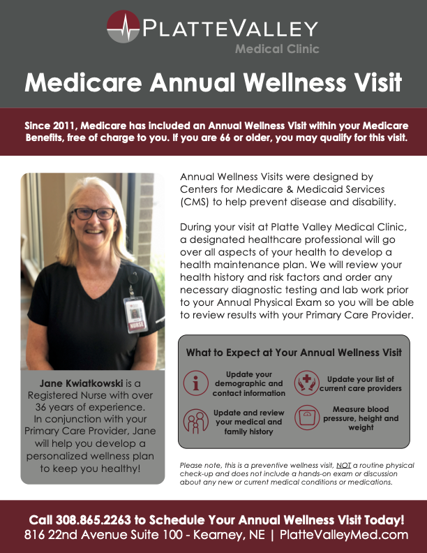 A flyer for medicare annual wellness visits at plattevalley medical clinic.