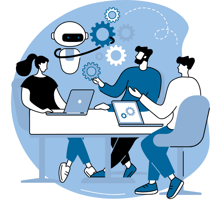A group of people are sitting around a table with laptops.