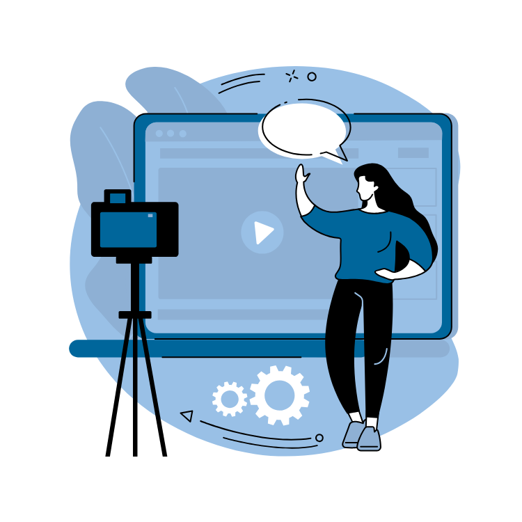 A woman is standing in front of a laptop computer with a camera.