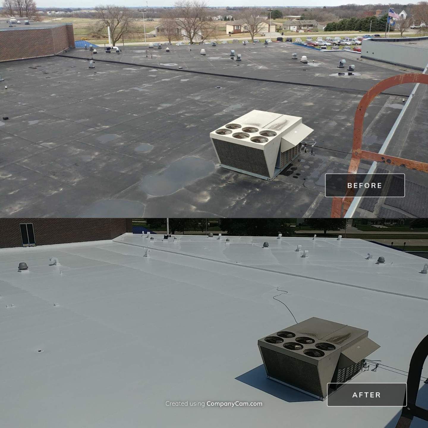Before-and-after of a commercial roof, showing a dark roof surface turning light gray after recoating.