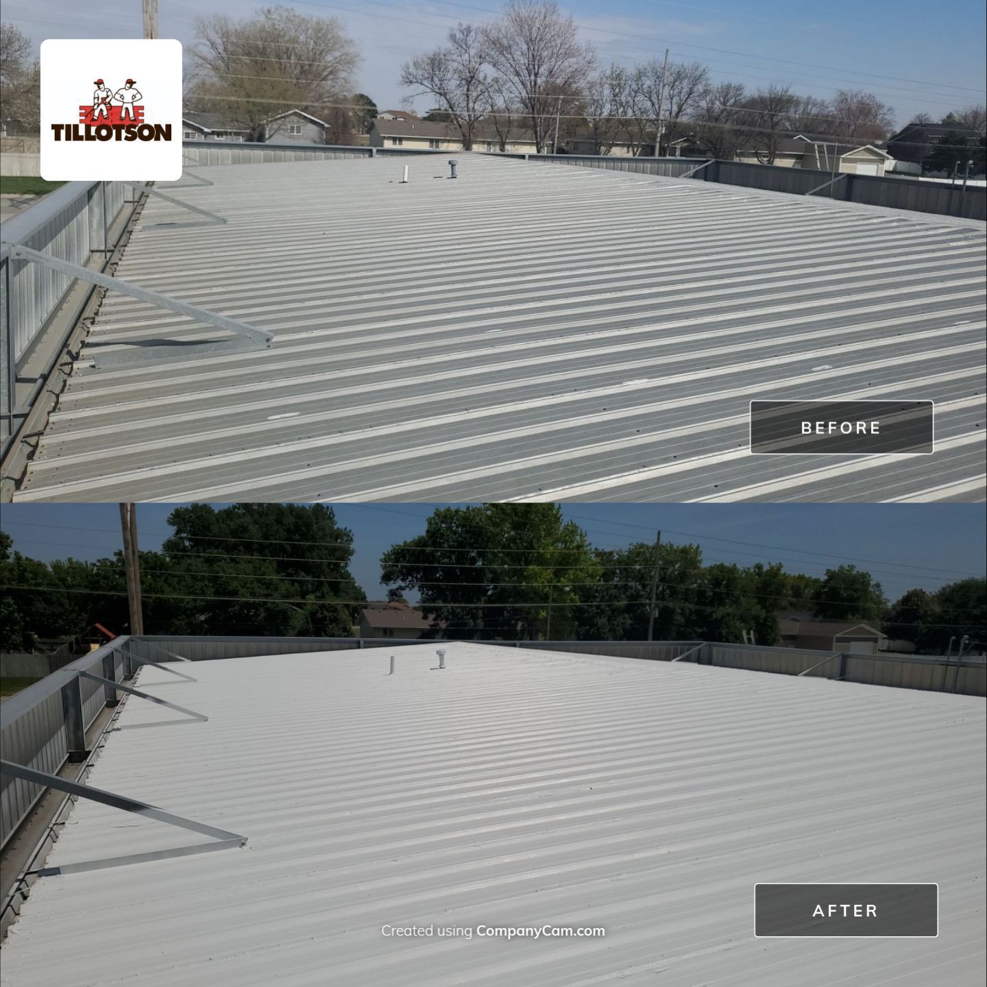 Before/after comparison of a commercial roof. Top shows gray metal panels, bottom shows white coating.