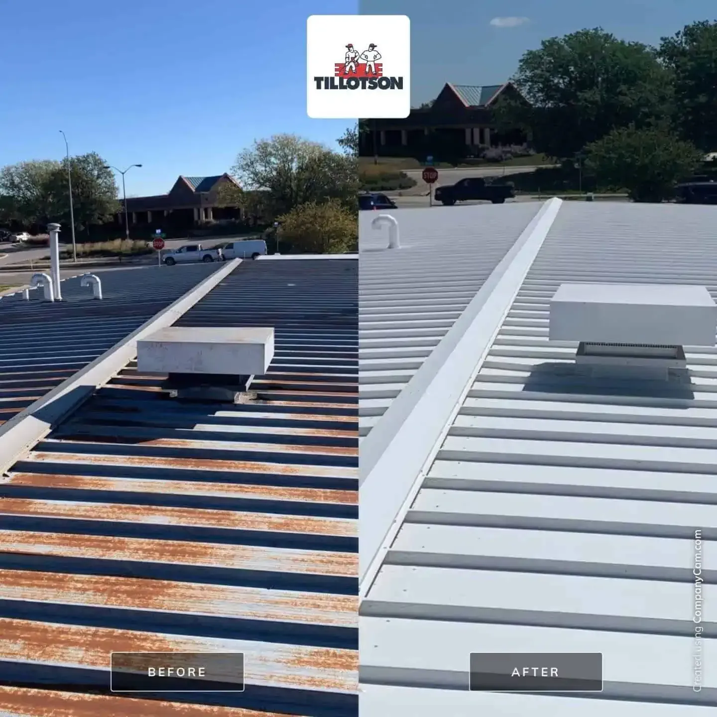 Comparison of a rusty metal roof (before) and a freshly painted white roof (after) of a commercial building.