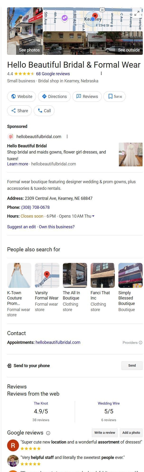 sample google business profile for a bridal shop