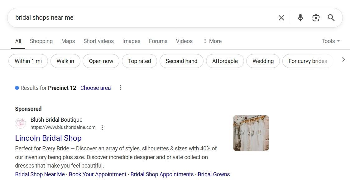 sample google search ads for a bridal shop