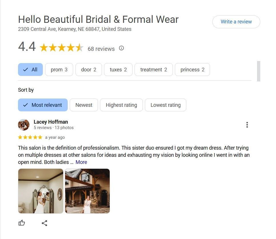 sample listing of a bridal shop with positive reviews