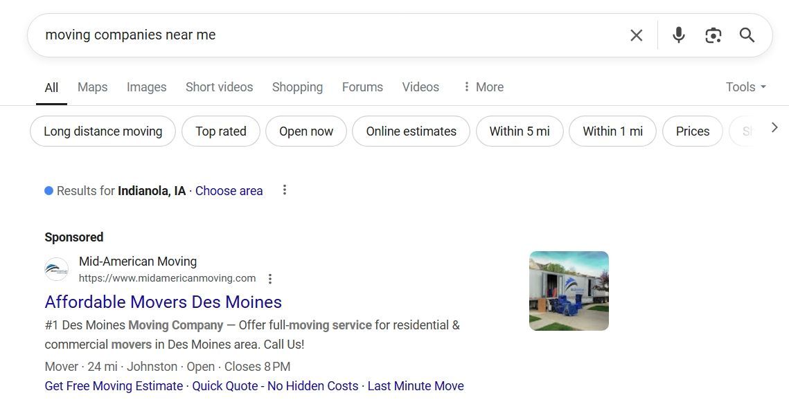 Sample of a high-intent search ads for a moving company