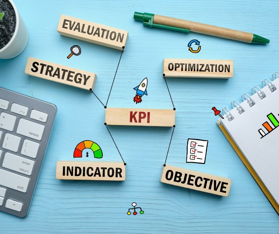 KPI infographic with related terms like strategy, optimization, and objectives