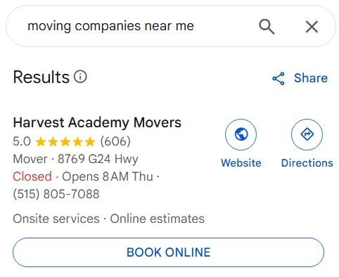 Sample of a fully optimized google maps listings of a moving company