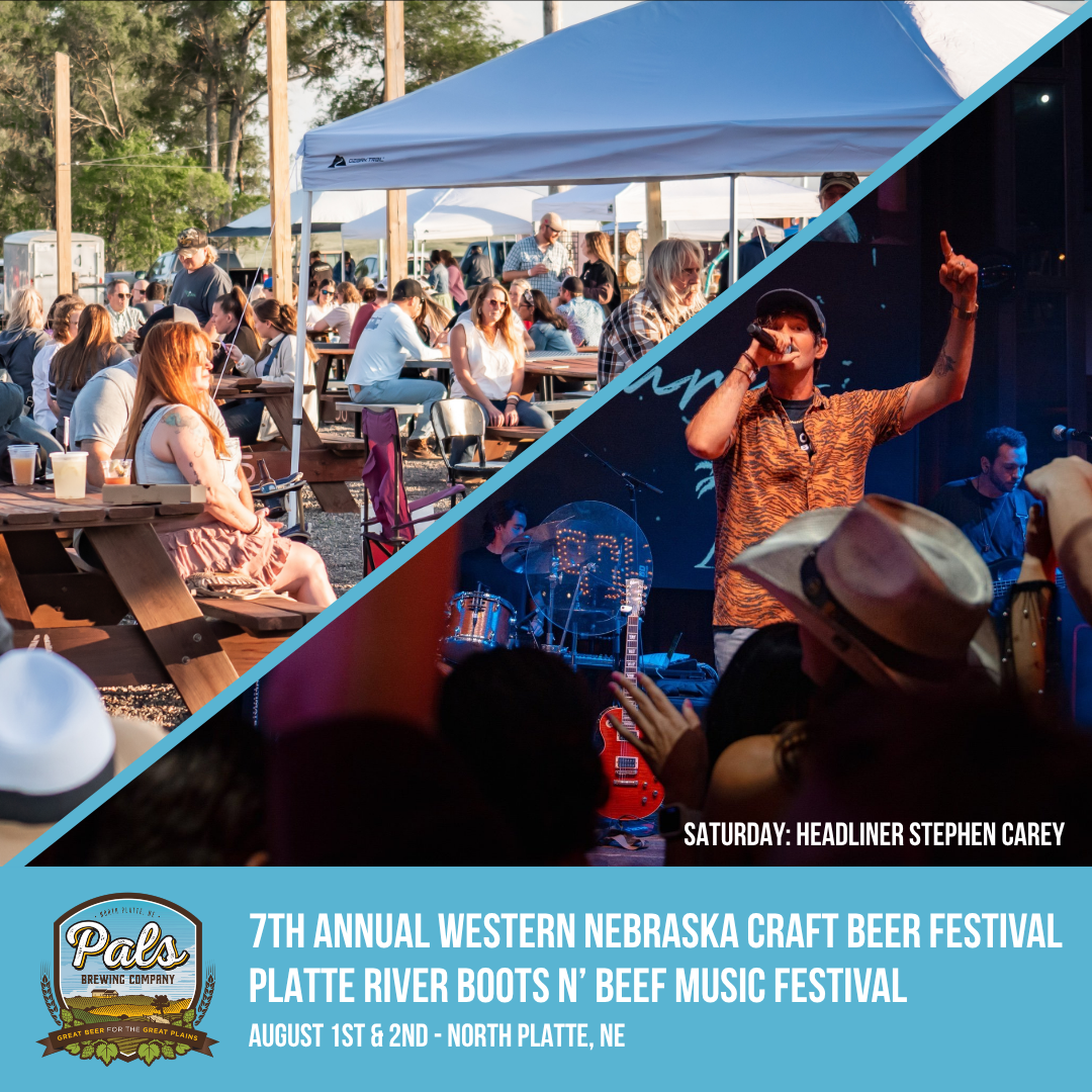 Festival poster: Craft beer & music event in North Platte, Nebraska. People enjoying beer and a live music performance.