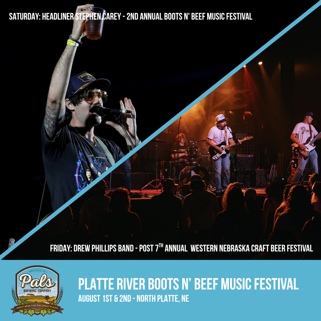 Poster for Platte River Boots N' Beef Music Festival. Concert photos with text, North Platte, NE. August 1st & 2nd.