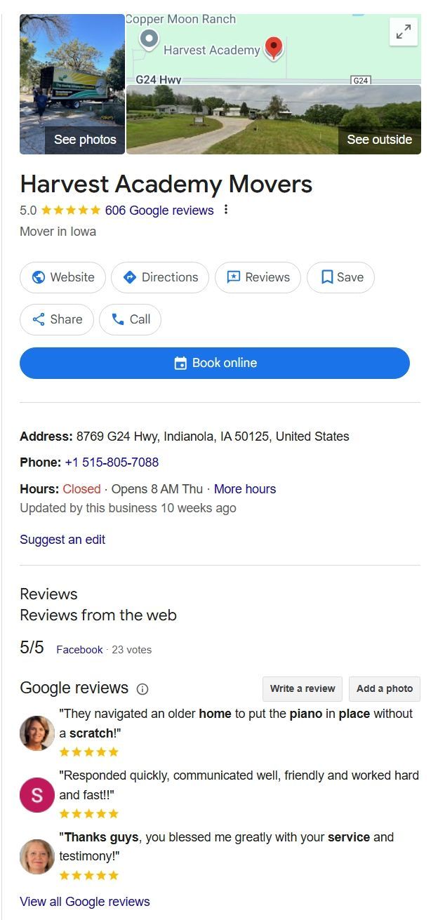 Sample online listing of a moving company with many positive reviews