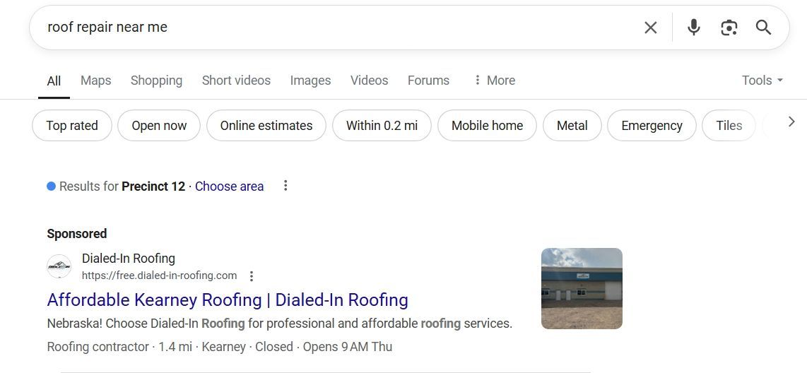 Sample high-intent google search ads for a residential roofer