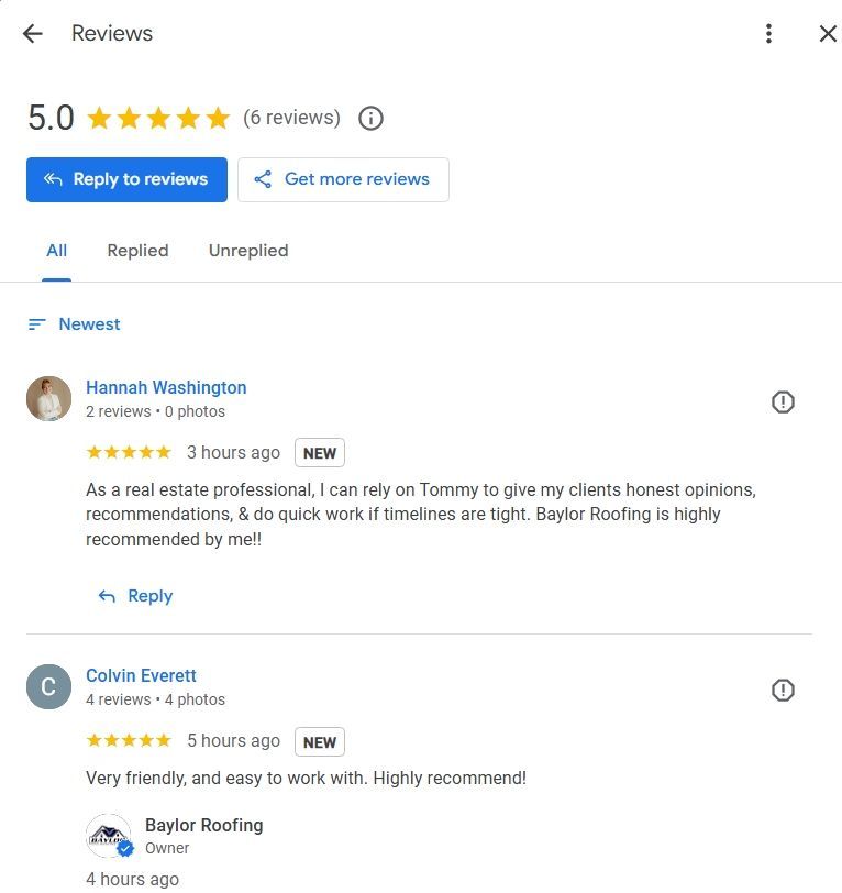 Sample listing of a residential roofer with positive reviews