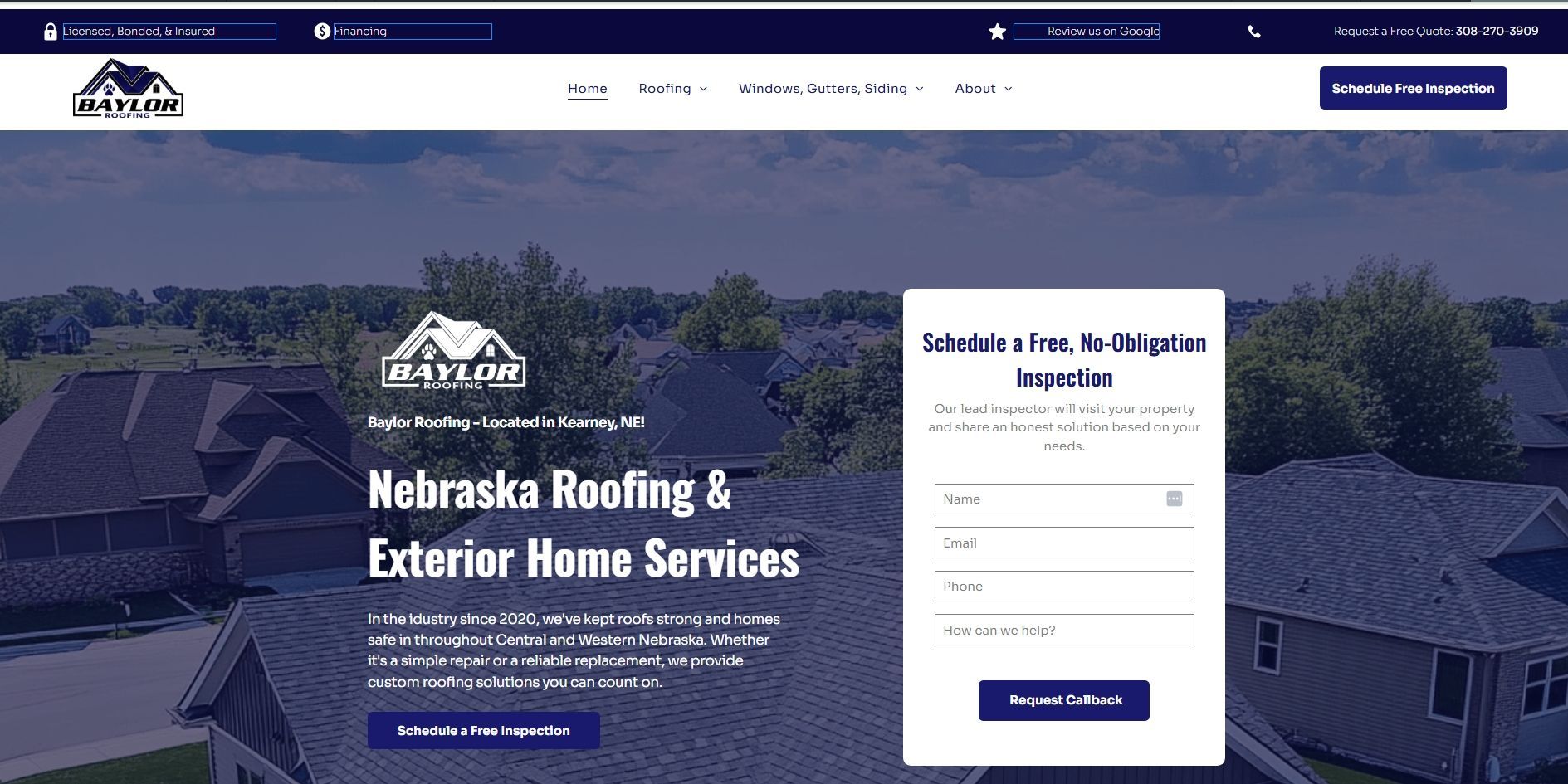 Sample high converting website for a residential roofer
