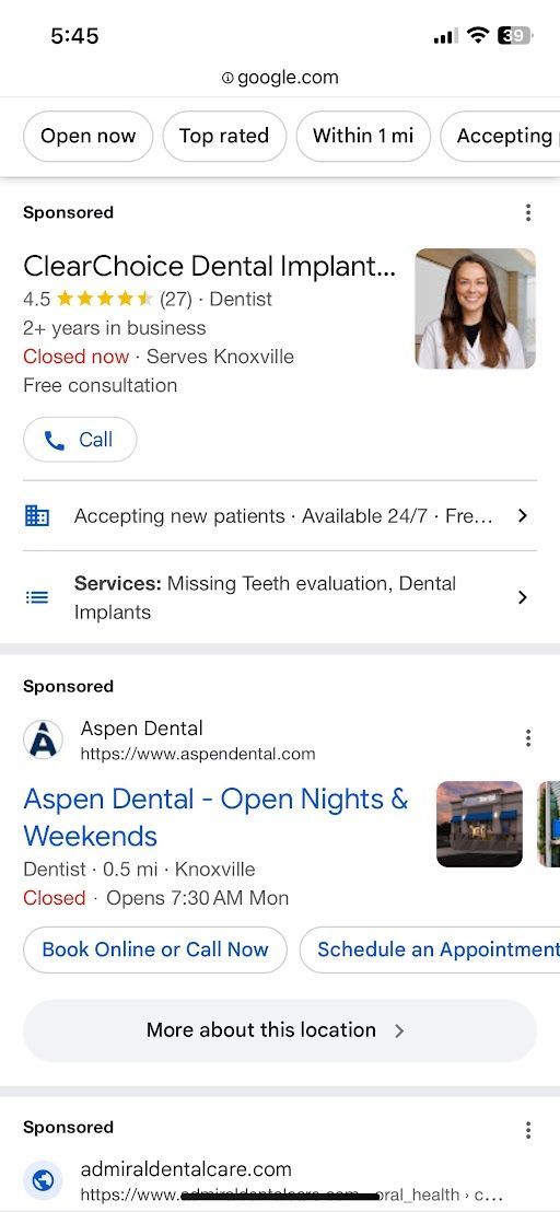 Google search results for dental services