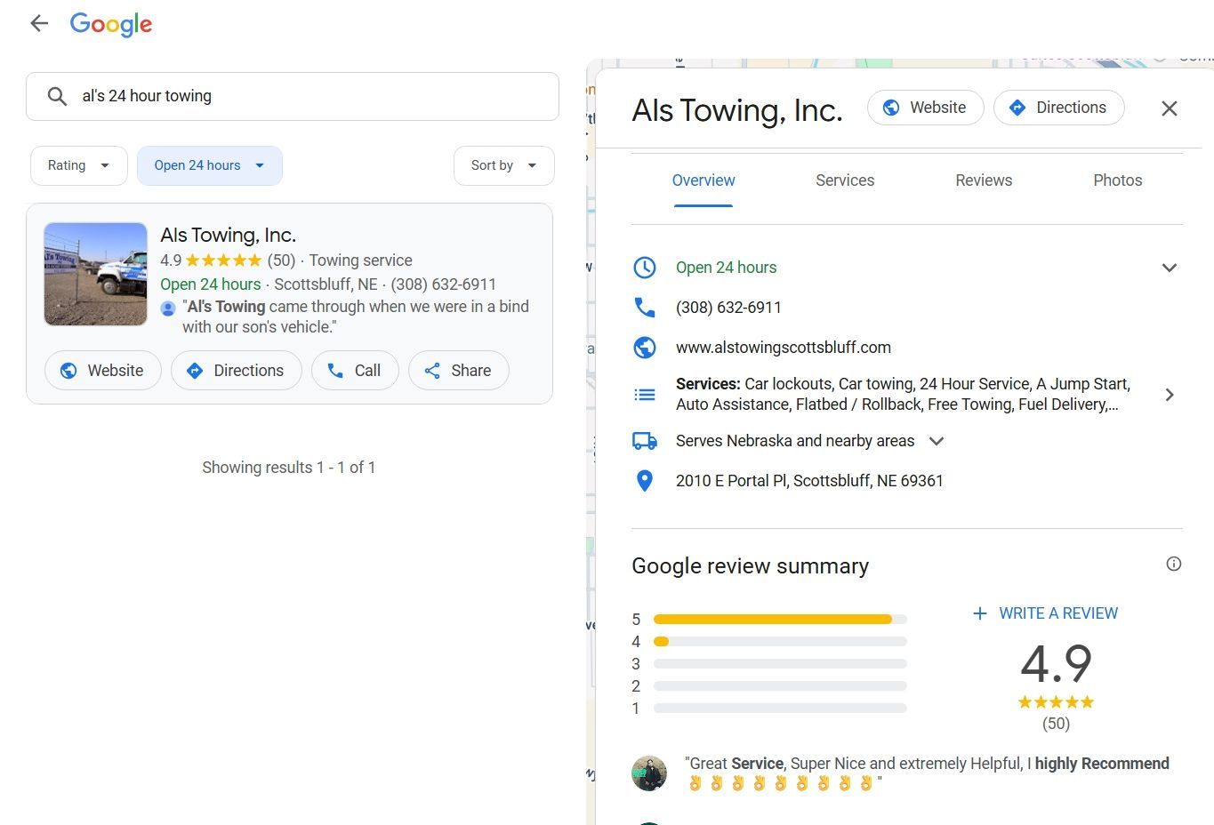 sample google business profile for a towing company