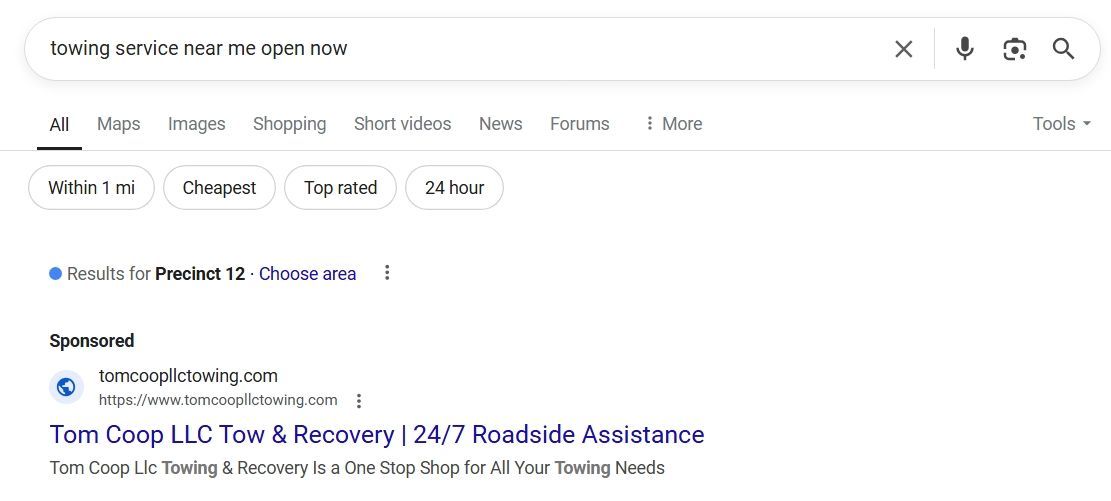 sample google search ads for a towing company