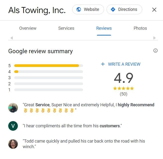 sample listing of a towing company with positive reviews