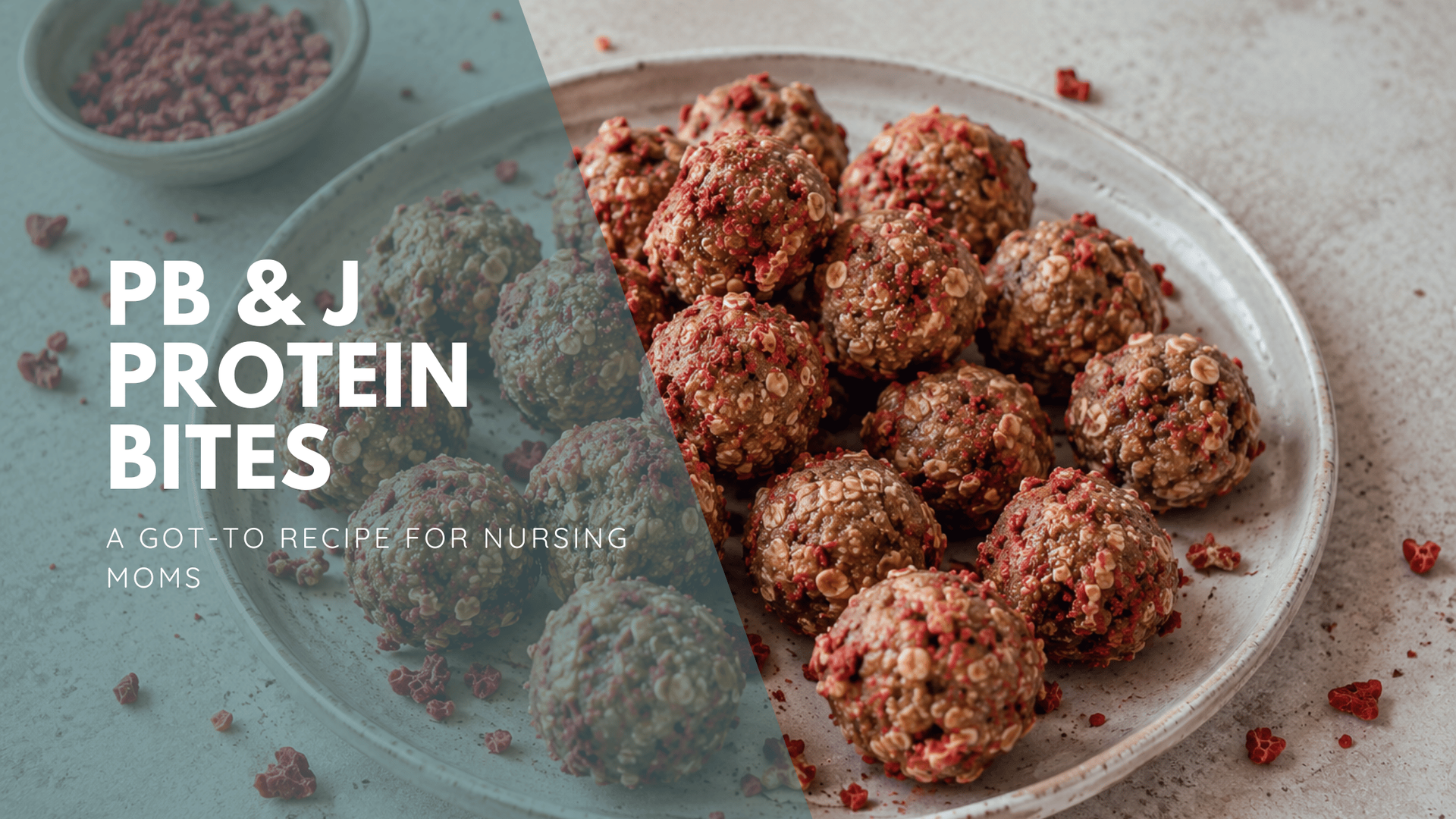 Plate of PB & J protein bites with strawberries. Text: 