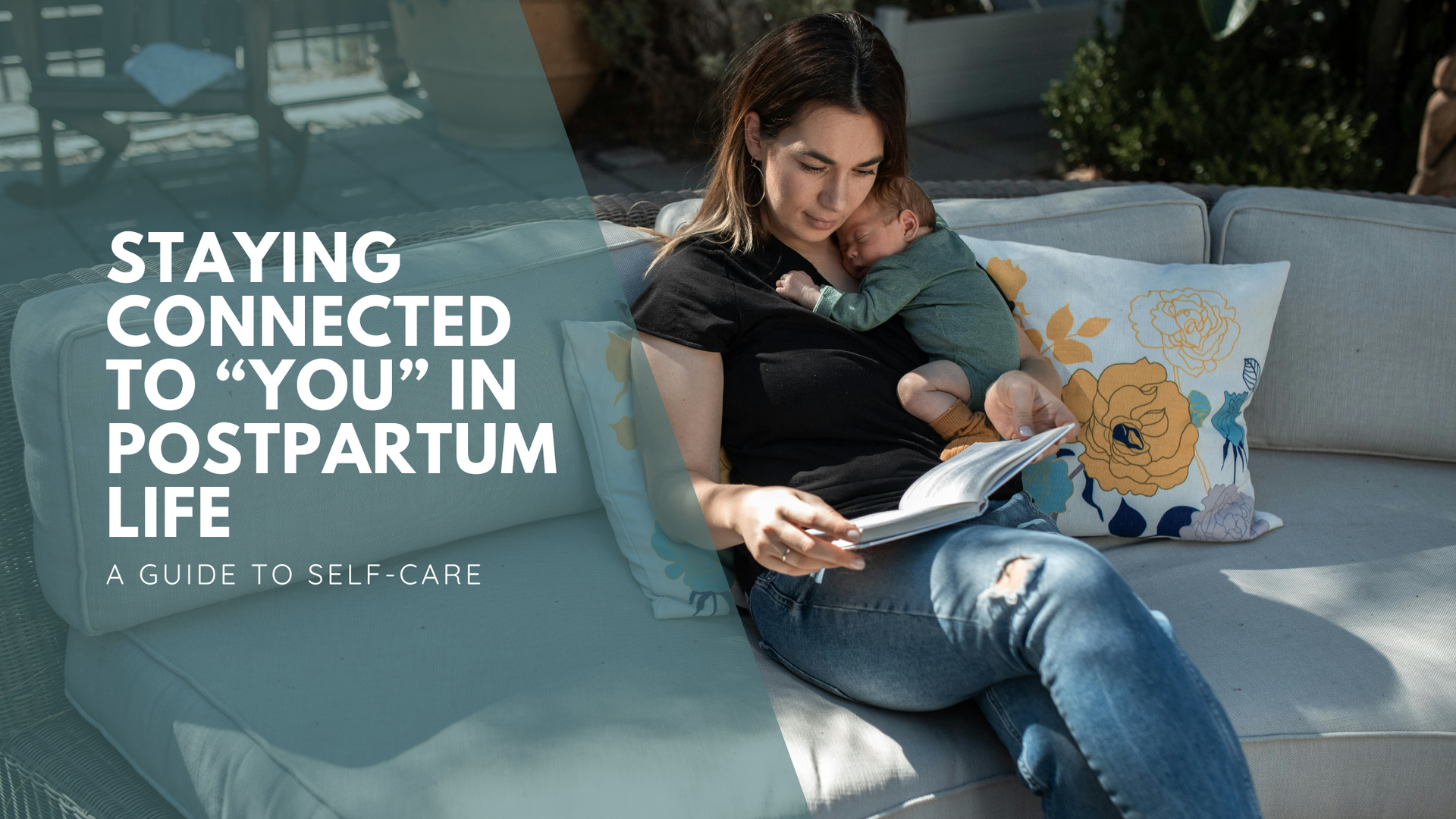 Postpartum parent relaxing outdoors with a sleeping baby on their chest while reading a book.