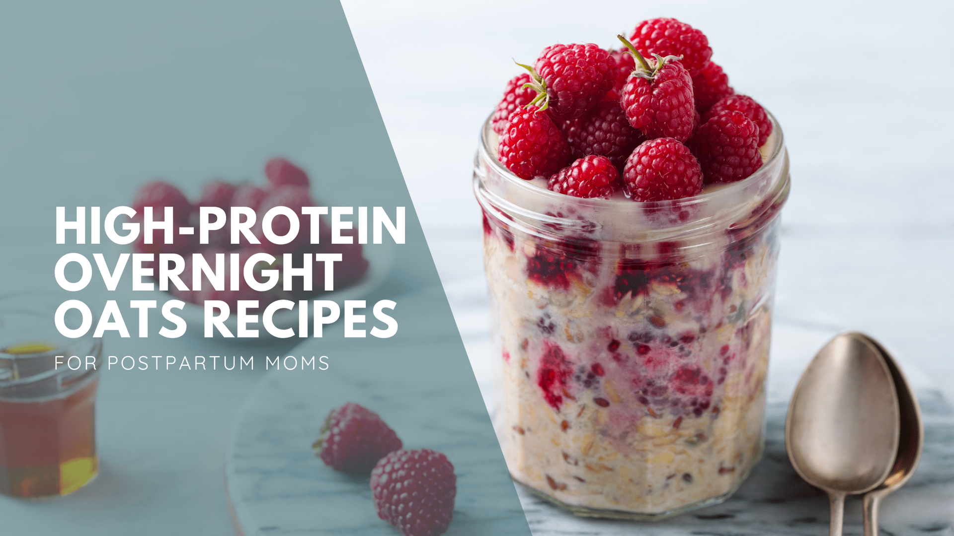 A bowl of raspberry overnight oats topped with fresh raspberries wit the blog title on top.