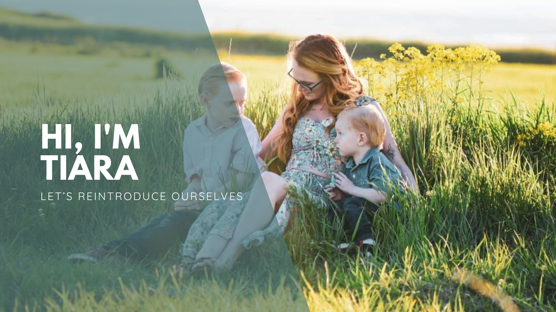 Blog banner of Tiara Monson sits in a field with two children, surrounded by green grass.