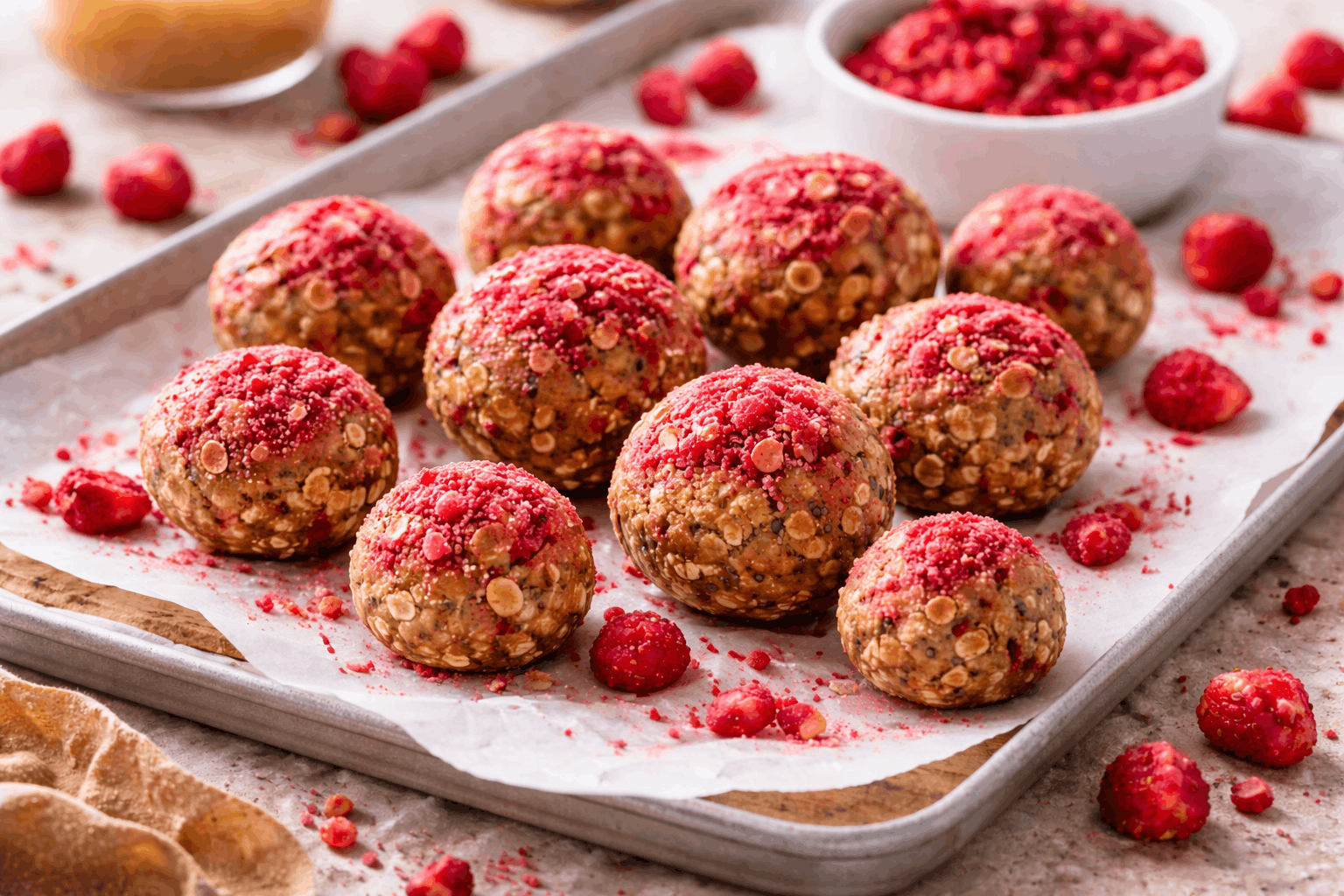 PB&J bites with freeze-dried strawberries crumbles on a baking sheet.