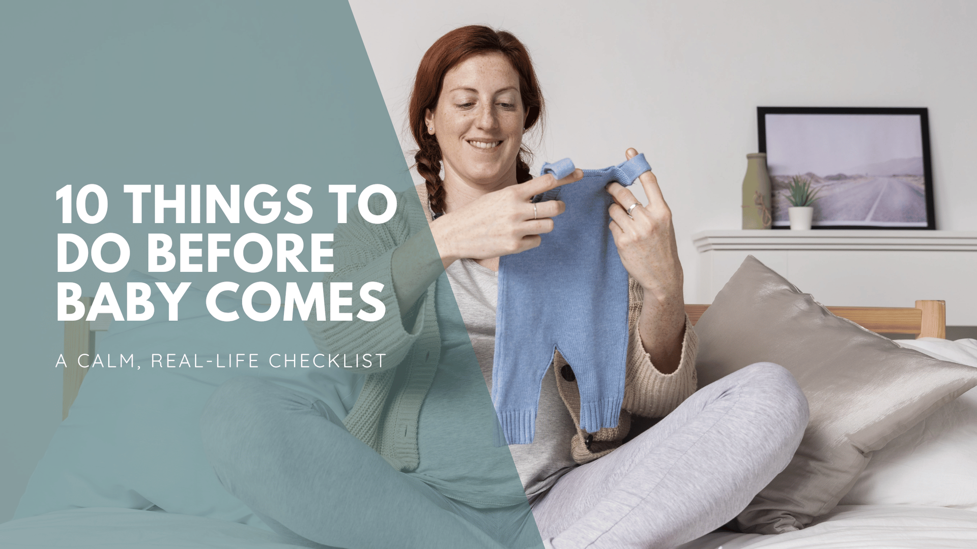 A woman sits on a bed holding baby clothes, smiling gently. Text reads: