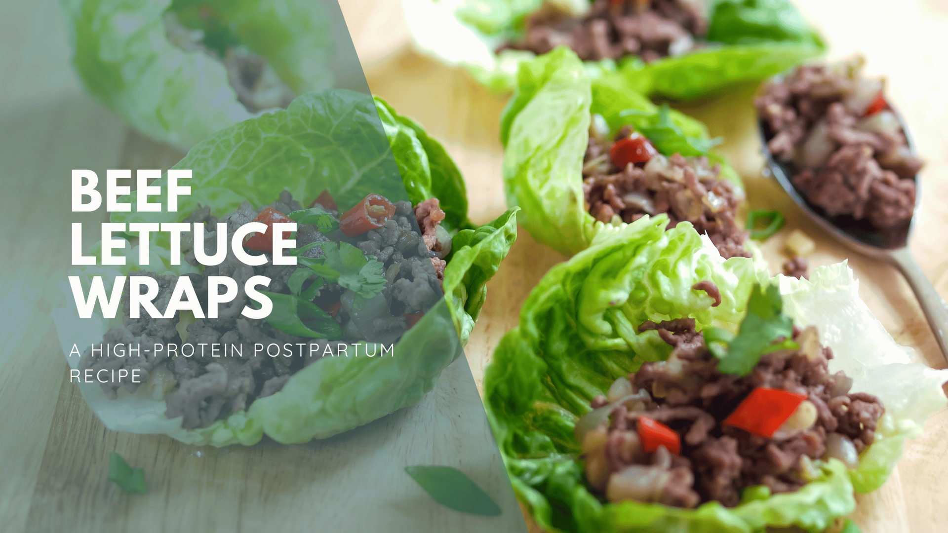 Beef lettuce wraps on a wooden surface. Text reads 