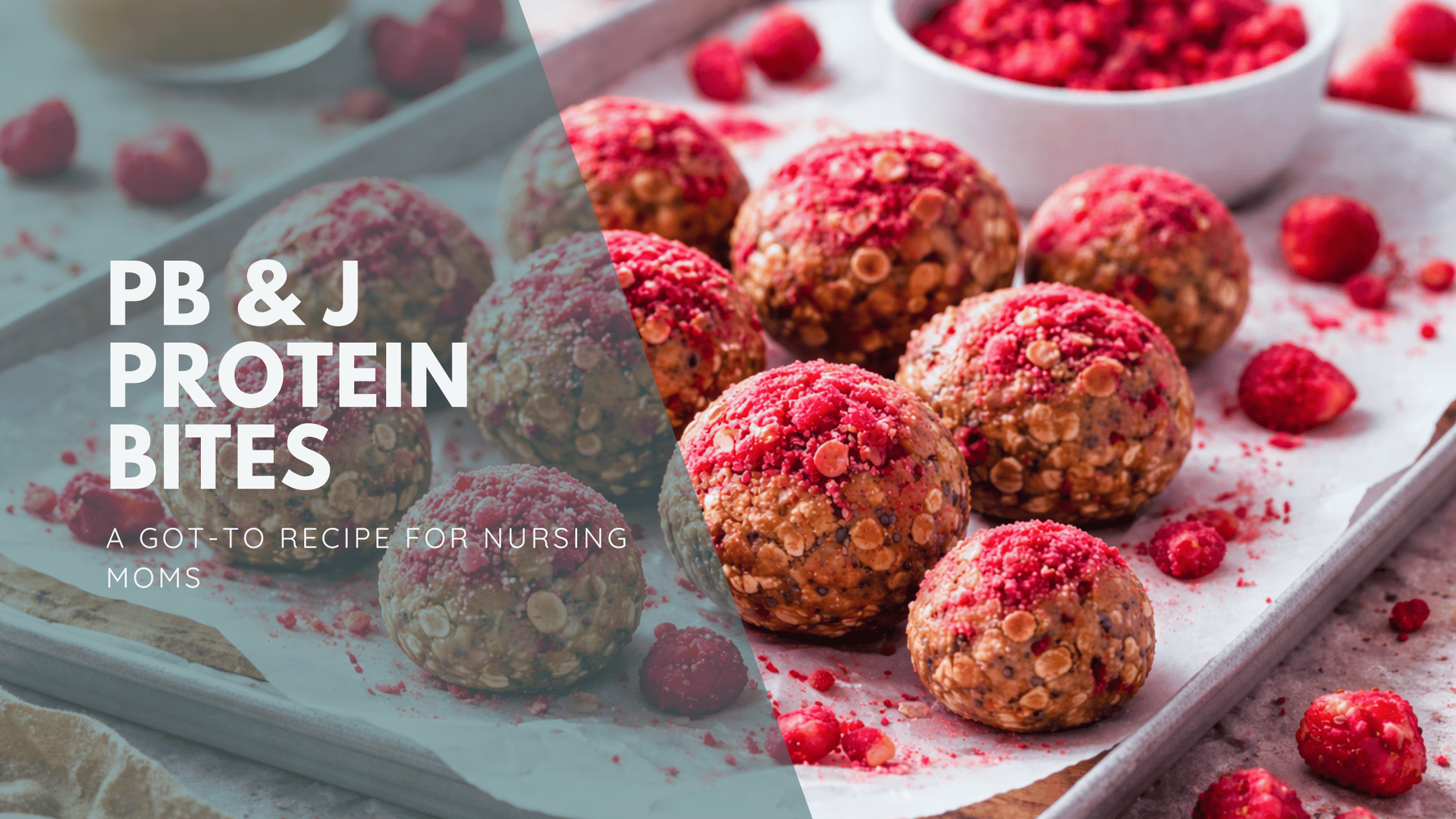 Peanut butter and jelly protein bites with crushed raspberries, on a baking sheet with scattered strawberries.