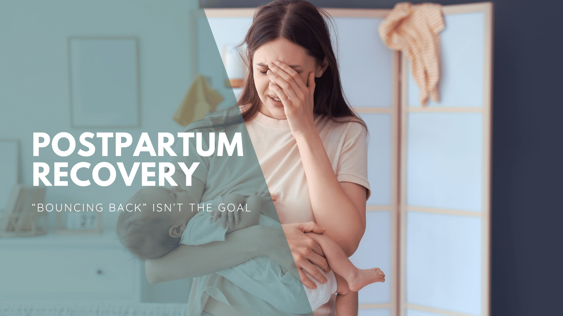 A tired woman holds a baby, covering her face with her hand. Text reads