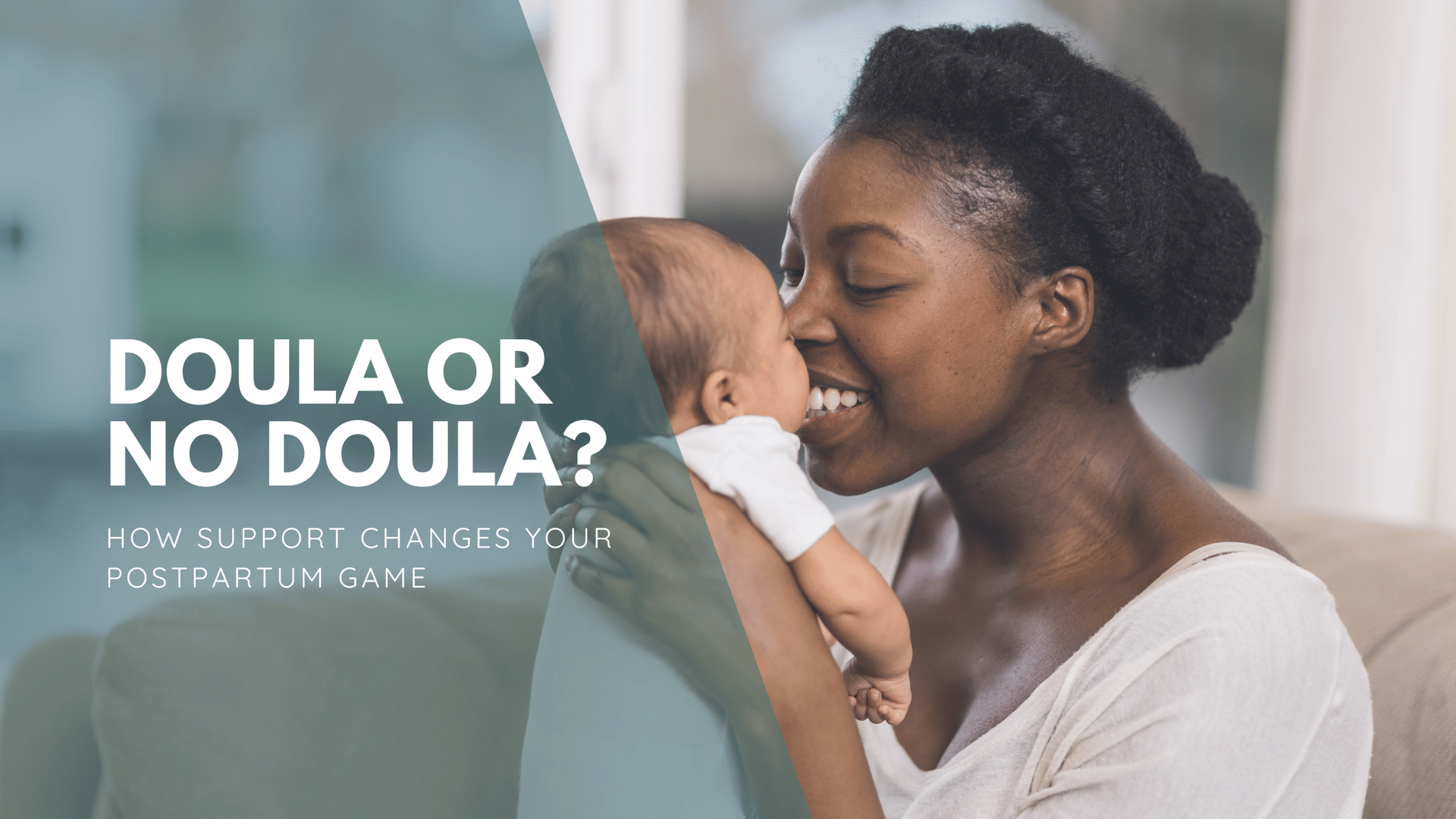 A joyful mother gently holds her baby close, both smiling. Overlay text reads