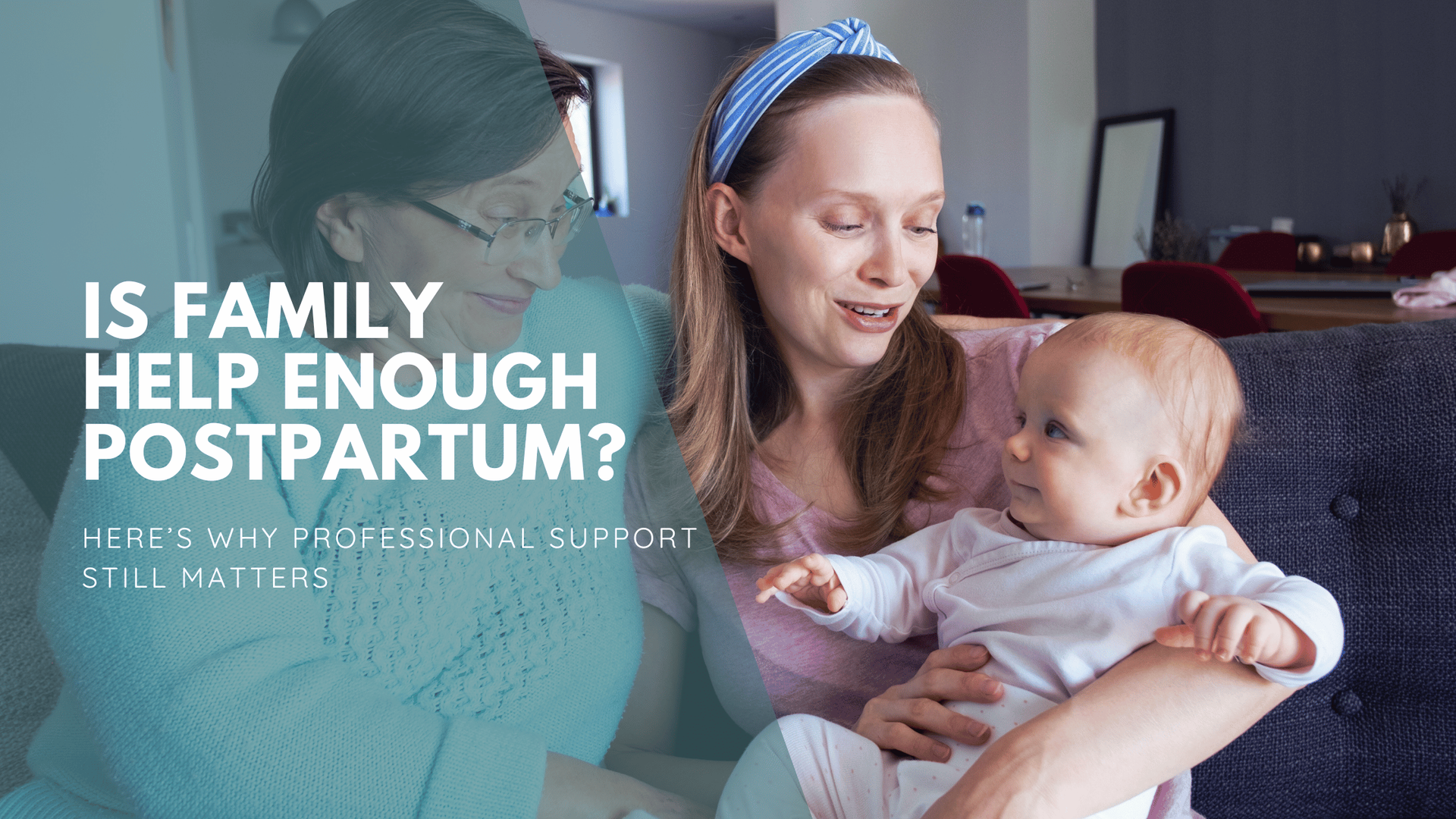 A smiling mother holds her baby on a sofa with another person beside them. Text reads, 