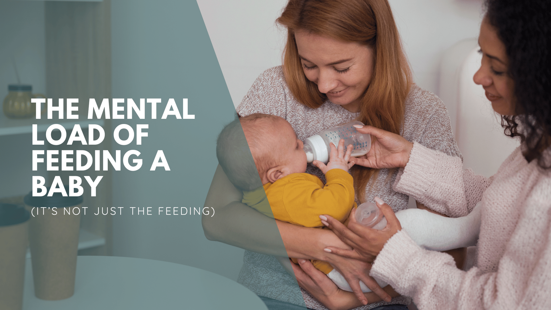 Two women bottle-feed a baby in a cozy setting, smiling and nurturing. Text reads