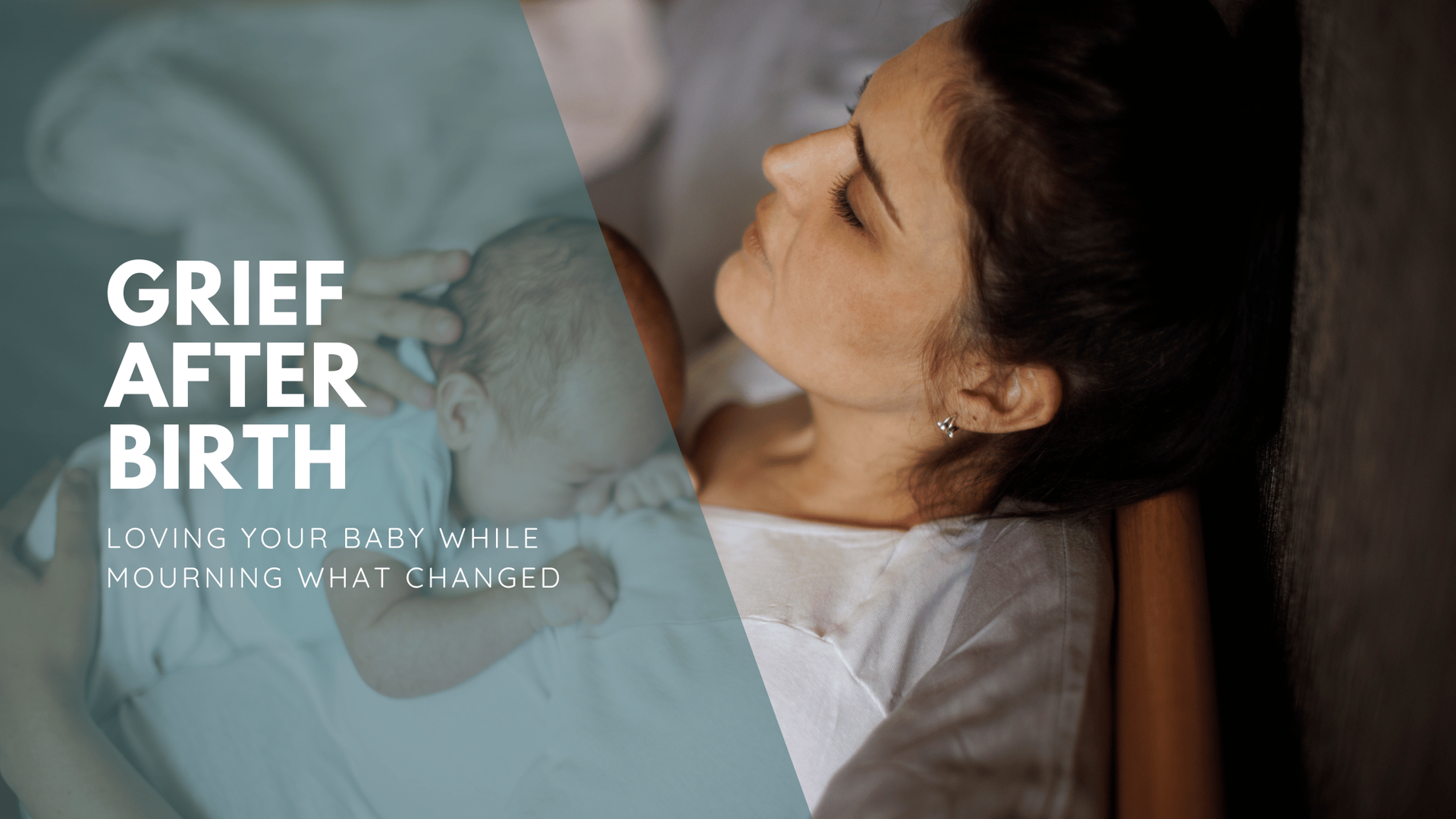 A woman reclines, eyes closed, holding a newborn. The image, with a soft, contemplative tone, features text: 