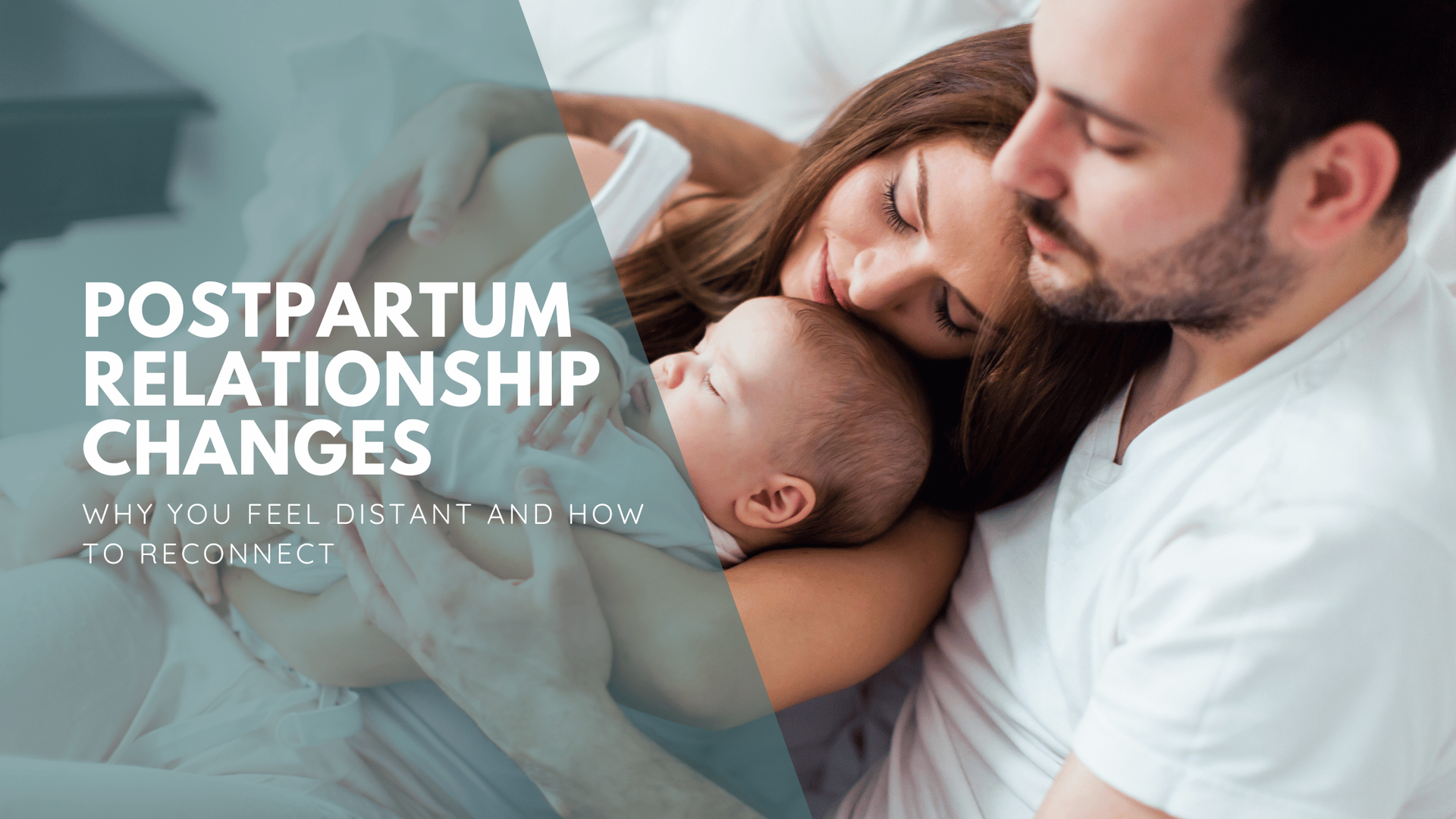 A couple lovingly holds their sleeping baby, conveying warmth and tenderness. Text overlay reads