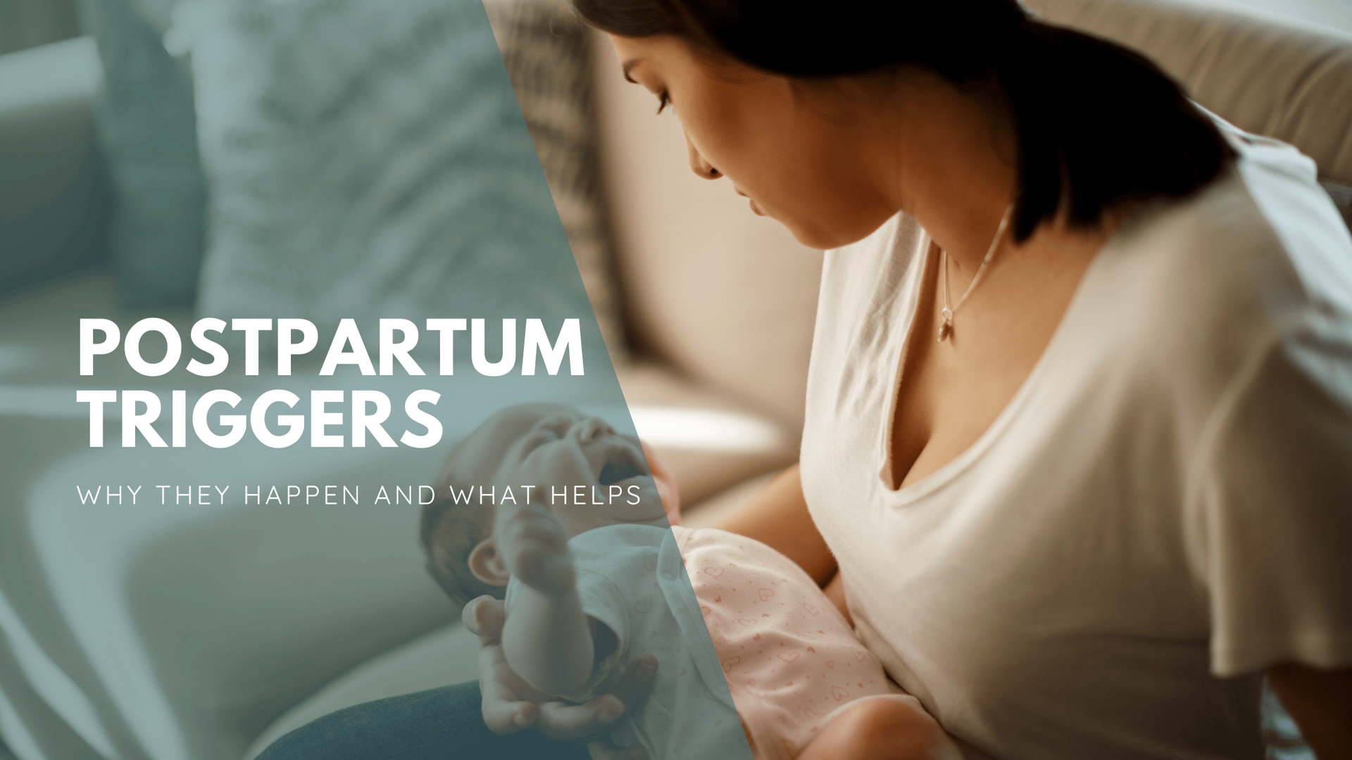 A woman tenderly holding a sleeping baby, with the text 