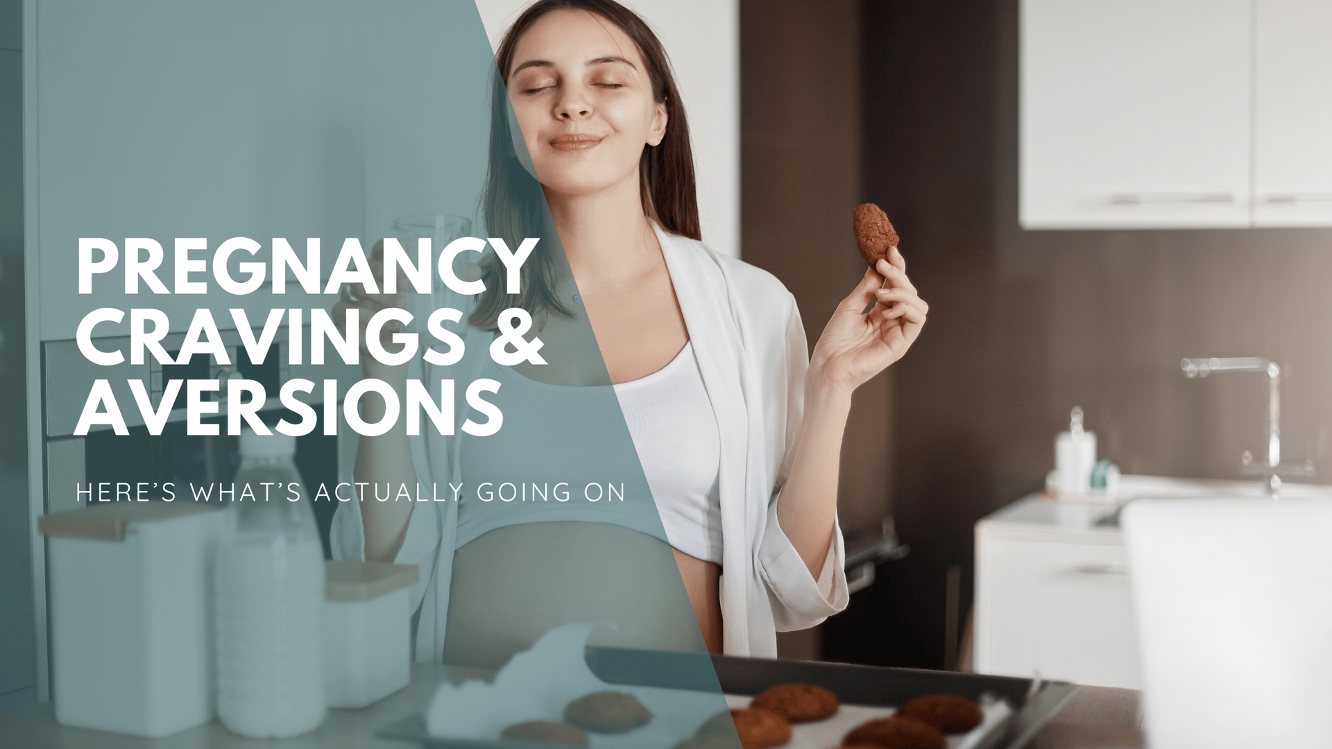 Pregnant woman in a kitchen enjoys a cookie, eyes closed in contentment. Text overlay reads 