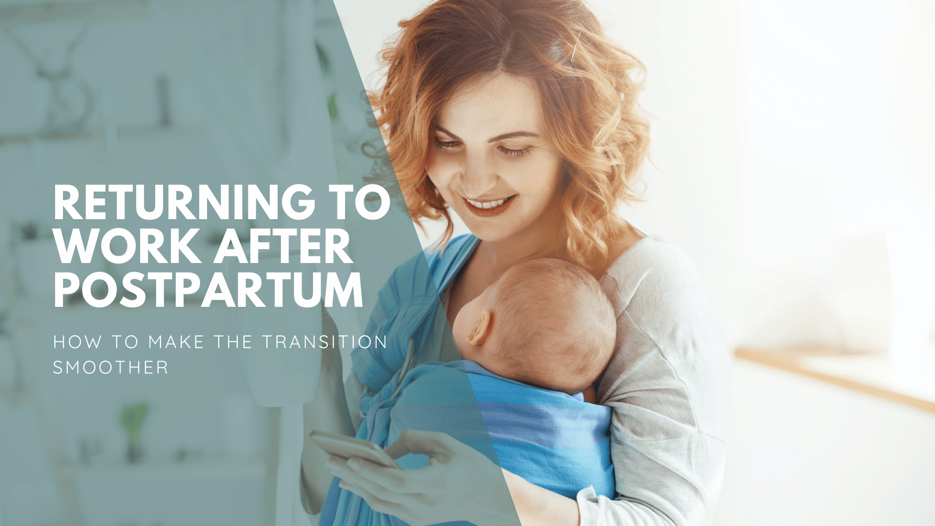 Smiling woman holding a baby in a blue wrap, looking at her phone with text 