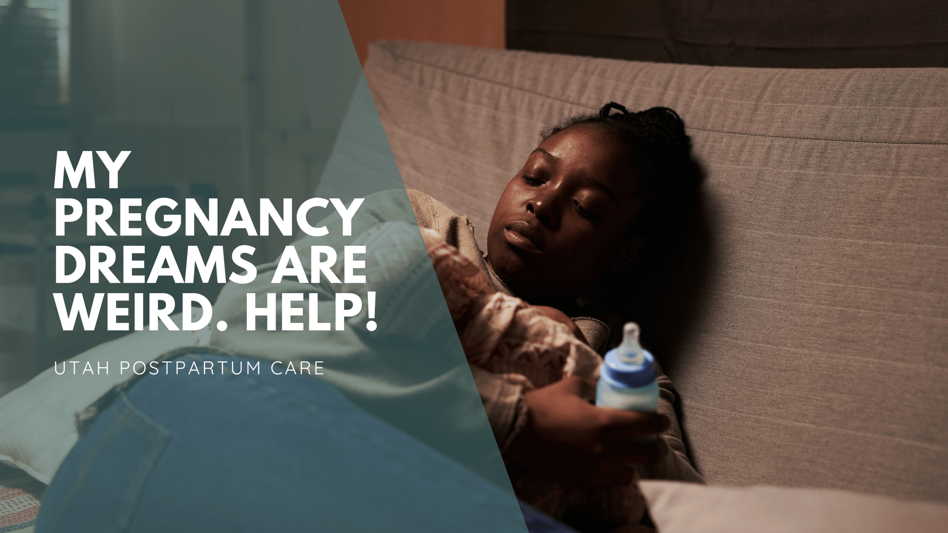 A woman lies on a sofa, holding a baby bottle, her expression tired. Text beside her reads, 