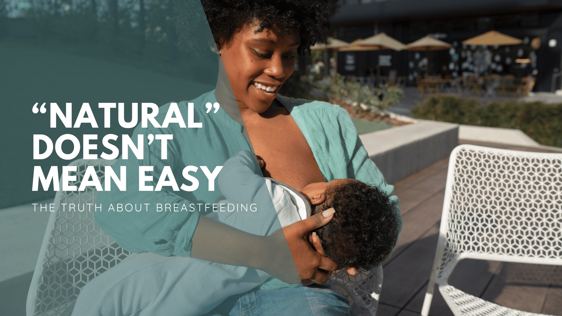 A mother smiles while breastfeeding her baby outdoors on a sunny day. Text reads,