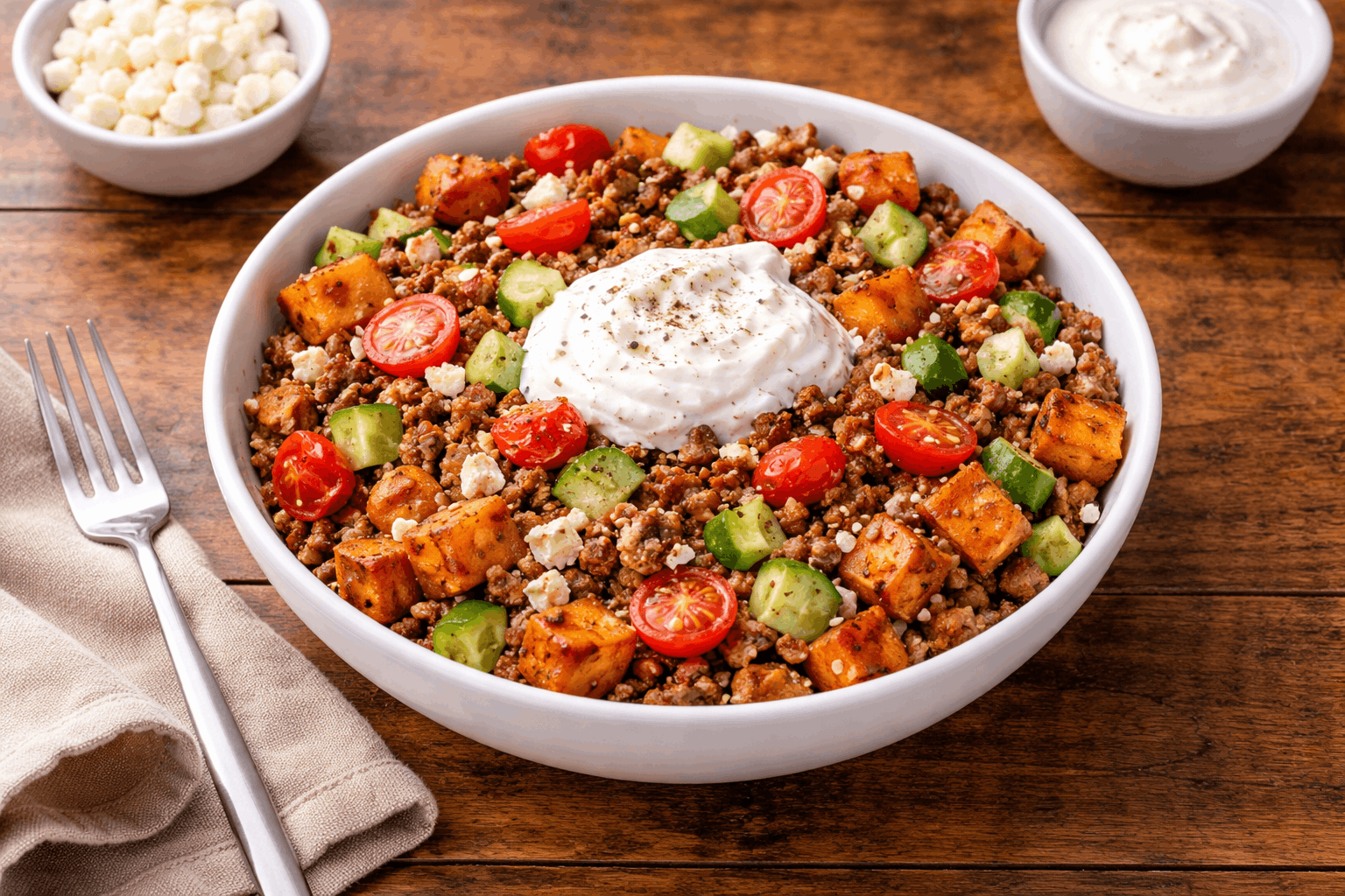 A white bowl filled with seasoned ground meat, diced sweet potatoes and cherry tomatoes.