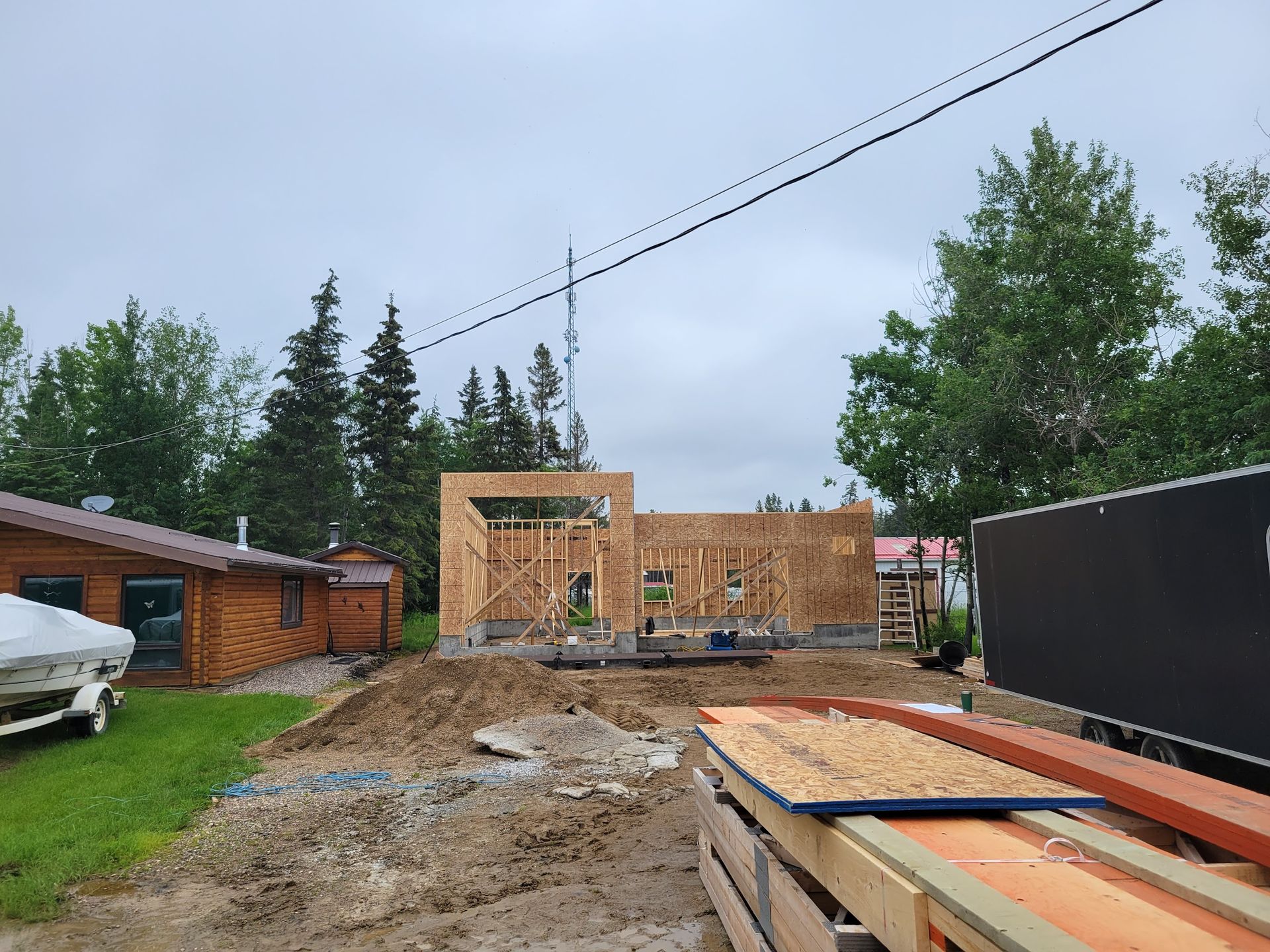 A house is being built in the middle of a dirt field.