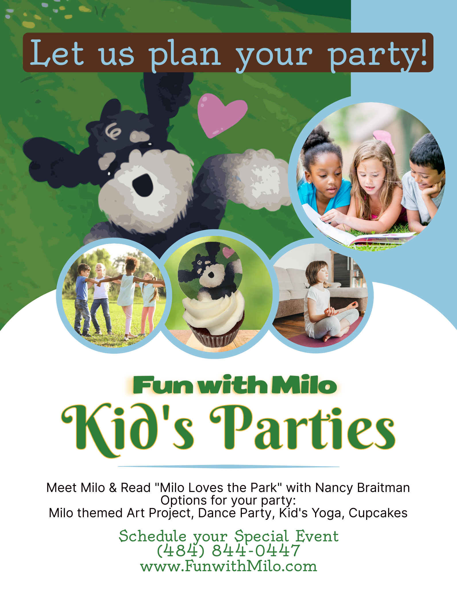A Poster That Says Let Us Plan Your Party Fun With Milo Kid 's Parties